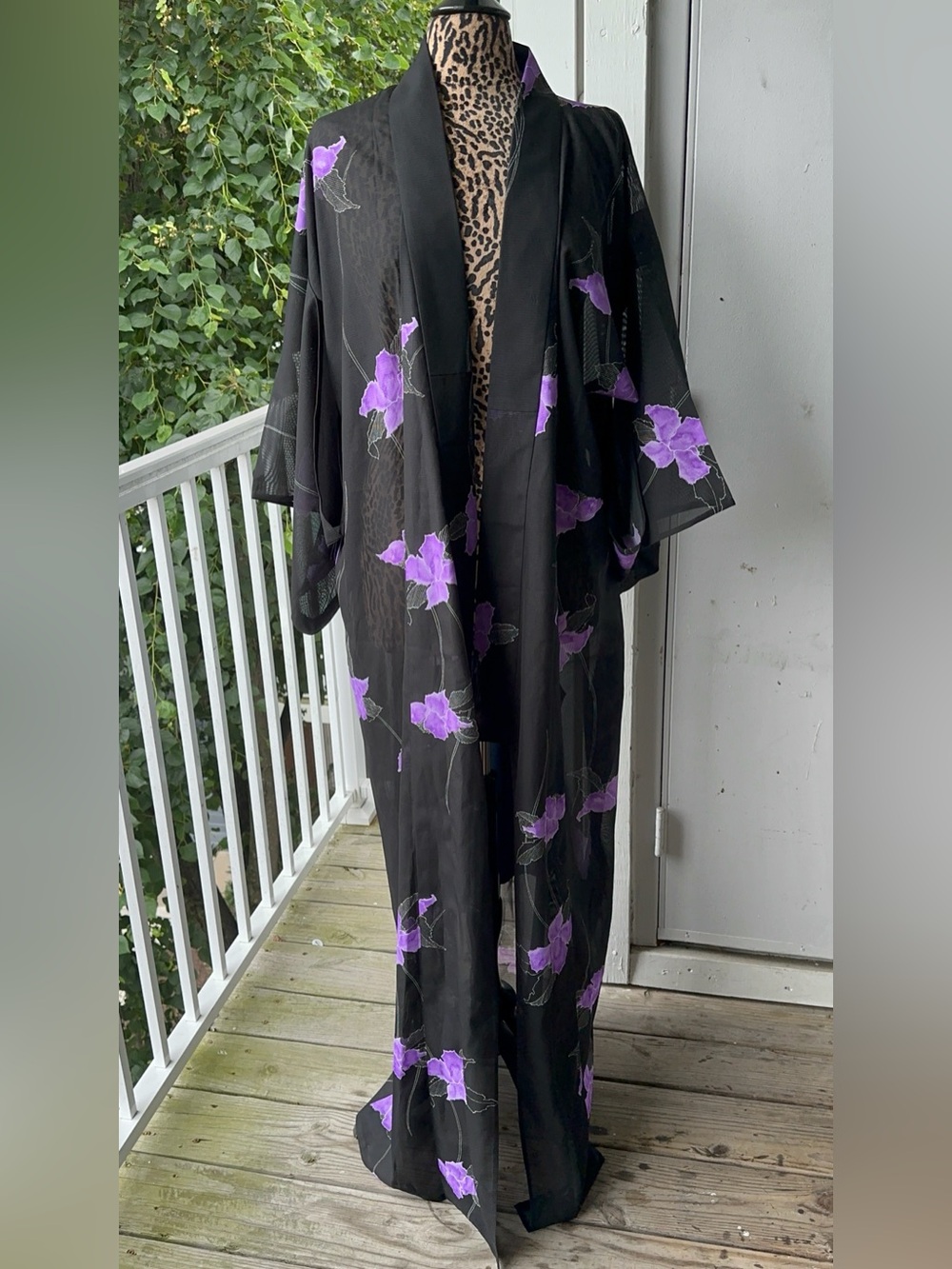 Black Sheer Floral Kimono Robe with Purple Flowers
